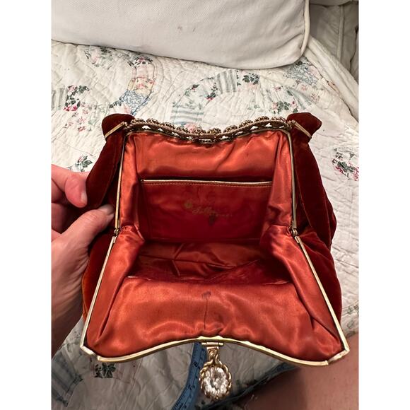 VINTAGE OUTSTANDING JOLLES ORIGINAL BURGUNDY VELVET JEWELED FRAME BAG - - Picture 7 of 12